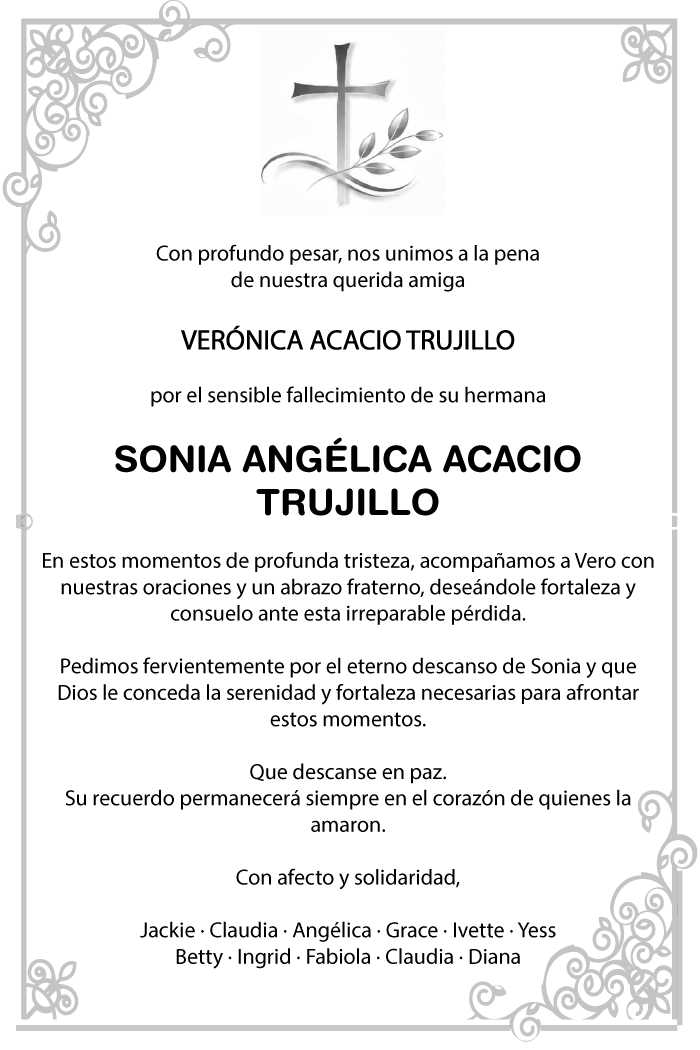 Esquela Sonia Angélica Acacio Trujillo
