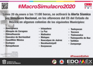 Mañana Macrosimulacro Nacional de Sismo; participarán 20 municipios mexiquenses