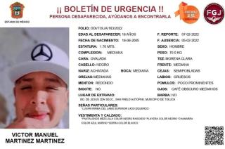 Víctor Manuel Martínez Martínez de 16 años fue reportado como desaparecido el 5 de febrero.