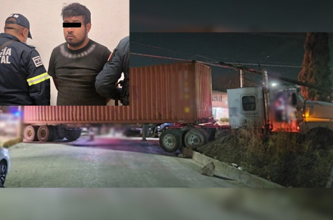 Edwin “N”, de 25 años, detenido por su probable participación en el delito de encubrimiento por receptación, junto con el tráiler y la mercancía asegurada en Tequixquiac.