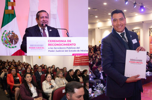 El Magistrado Héctor Macedo García, Presidente del Tribunal Superior de Justicia, durante la entrega de estímulos y recompensas a 264 servidoras y servidores públicos del Poder Judicial del Estado de México.