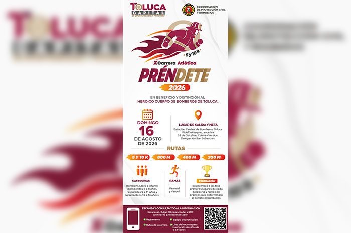 Integrantes del Heroico Cuerpo de Bomberos de Toluca participarán en la décima Carrera Préndete 2026.