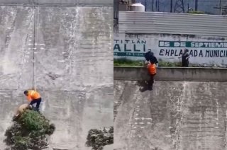 Un ciudadano ingresó a un canal de aguas negras y utilizó un lazo para salvar a un perro que presuntamente fue arrojado de manera intencional en Cuautitlán Izcalli.