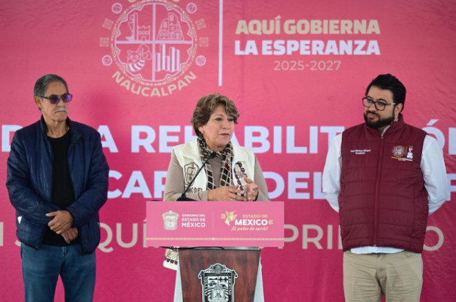 Delfina Gómez Álvarez durante el anuncio del inicio de la rehabilitación integral