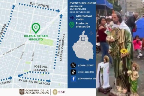 Debido al arribo de visitantes a la Iglesia de San Hipólito por la celebración anual de San Judas Tadeo, se consideraría cerrada la circulación de Av. Hidalgo y la lateral de Paseo de la Reforma al Sur.