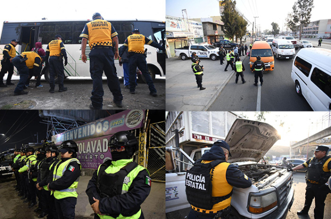 Elementos de la Secretaría de Seguridad del Estado de México realizan revisiones aleatorias a unidades de transporte público y vehículos de carga en la carretera Lechería–Texcoco.