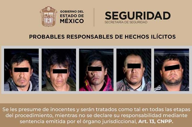 Elementos de la SSEM y la Guardia Nacional detuvieron a cinco hombres por su probable relación con el robo de hidrocarburo en Huehuetoca.