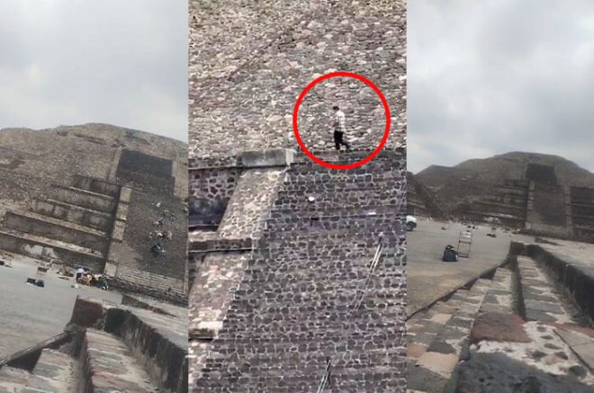 Visitantes descienden apresuradamente de la Pirámide de la Luna en medio del pánico, algunos con lesiones tras intentar ponerse a salvo durante el ataque.