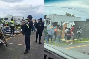 Un tráiler cargado con prendas de vestir volcó sobre la autopista México-Tulancingo, en Axapusco.