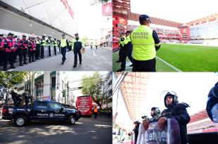 Elementos de la SSEM refuerzan la vigilancia en el Estadio Nemesio Diez con más de mil efectivos desplegados para el partido Toluca vs Guadalajara.