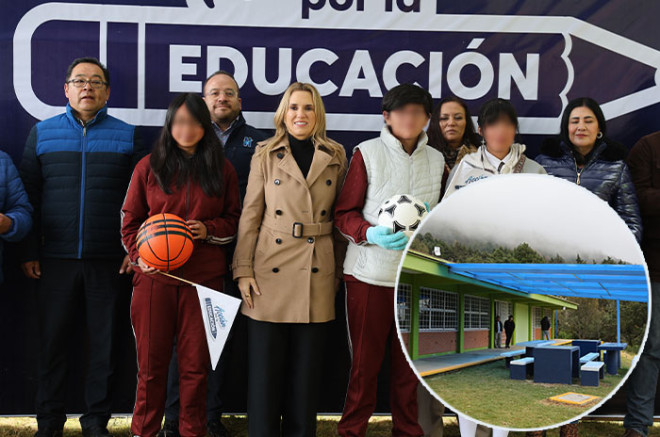 Romina Contreras, alcaldesa de Huixquilucan, inaugura comedor escolar.