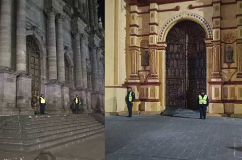 Elementos de la Secretaría de Seguridad del Estado de México realizan vigilancia fija y recorridos preventivos en las inmediaciones de templos durante el operativo “Miércoles de Ceniza 2026”.