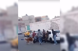 En las imágenes se ve a dos sujetos sometiendo a los uniformados, mientras unas mujeres también se involucran y un perro ladra insistentemente a los agentes.