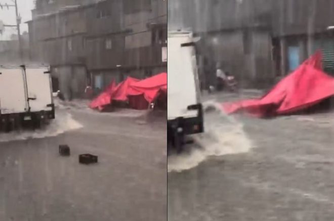 Corriente arrastra mercancía y afecta puestos del tianguis de Ojo de Agua.