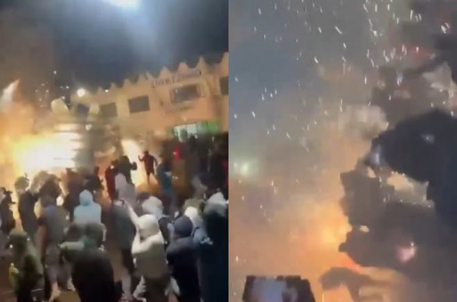 Momento en que la quema de toritos en la fiesta patronal de San Antonio Zoyatzingo provoca lesionados.