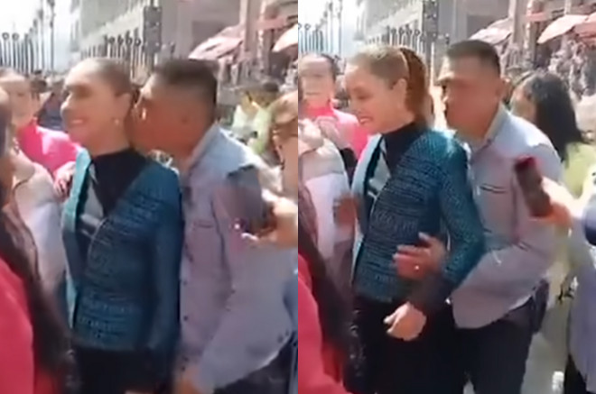 Momento en que un hombre intenta abrazar y besar a la presidenta Claudia Sheinbaum