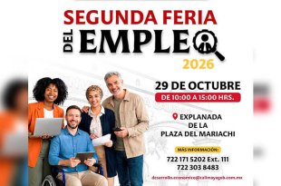 La Segunda Feria del Empleo 2026 de Calimaya se realizará el 29 de octubre, de 10:00 a 15:00 horas, en la explanada de la Plaza del Mariachi.