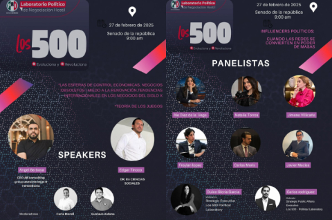 Cartel oficial del Laboratorio Político de los 500, donde se anuncian panelistas y speakers participantes