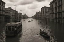 Inundación en Ciudad de México en 1951: tranvía y botes en calles anegadas