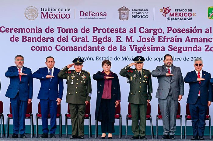 Delfina Gómez Álvarez destacó la coordinación con las Fuerzas Armadas durante la toma de protesta del nuevo Comandante de la 22/a Zona Militar.