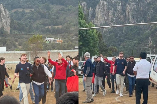 MrBeast y Eugenio Derbez descienden del helicóptero tras aterrizar en San Andrés Tepetitlán