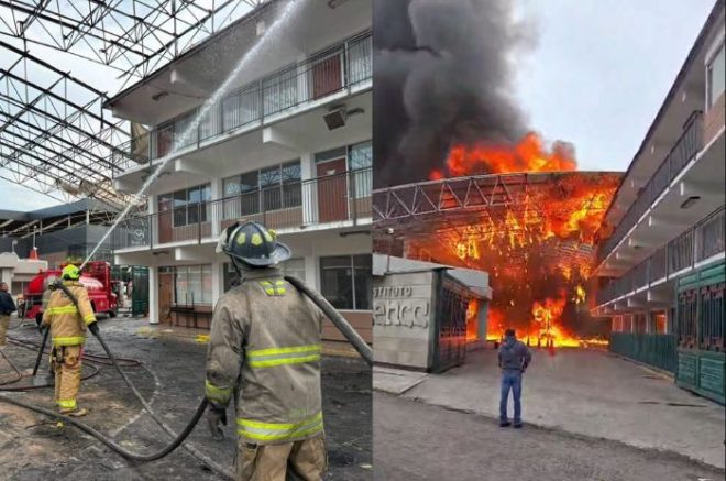 Bomberos y personal de Protección Civil trabajan para controlar el incendio.
