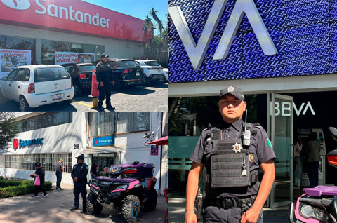 La Policía Municipal y la SSEM realizan patrullajes a pie y en vehículos para garantizar seguridad en accesos y vialidades cercanas a bancos.
