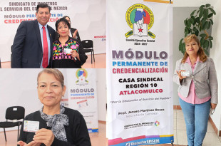 Docentes afiliados al SMSEM reciben su credencial.