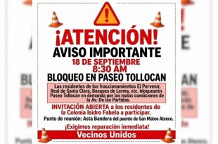 Habitantes de Lerma anunciaron un bloqueo en Paseo Tollocan para exigir la reparación de Avenida de Las Partidas.