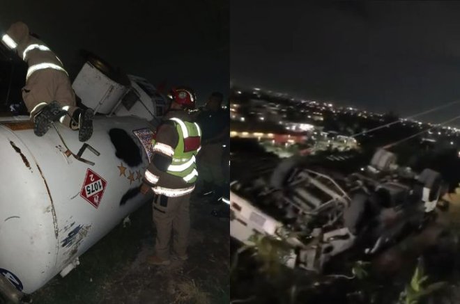 Pipa de gas LP quedó volcada sobre su costado izquierdo en la colonia Buenavista, Ecatepec.