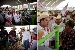 Entre porras y vítores, el candidato recorrió establos y saludó a ganaderos que comercializan ovejas, reses, becerros, vacas