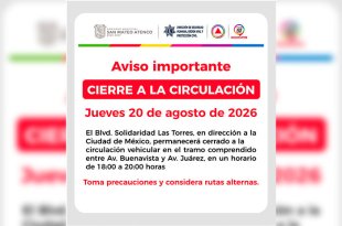 El cierre afectará Boulevard Solidaridad Las Torres, entre avenida Buenavista y avenida Juárez, durante dos horas este jueves.