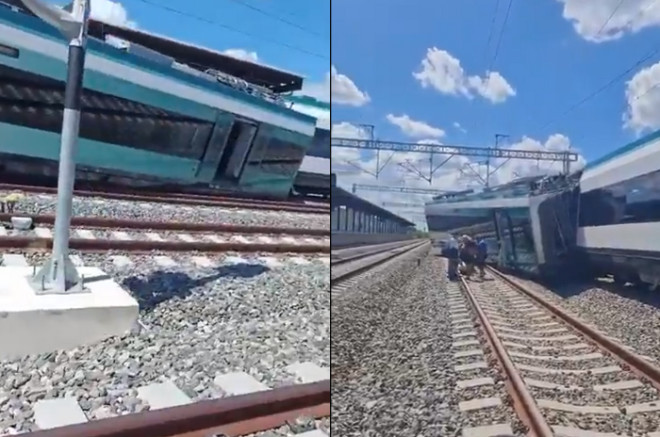El tren 304 del Tren Maya volcado en la estación Izamal, Yucatán, tras el descarrilamiento