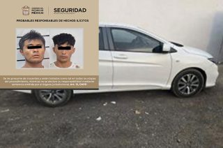 Alexis “N” y Bryan “N”, detenidos en Chalco tras presuntamente robar con violencia un taxi de aplicación; portaban una réplica de arma de fuego.