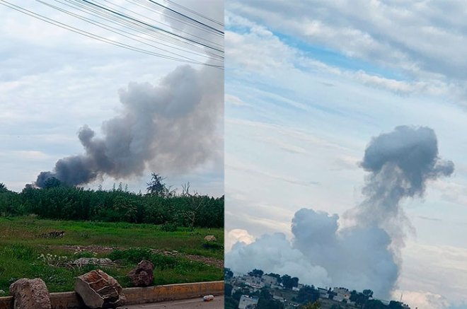 Videos difundidos en redes sociales muestran columnas de humo mientras cuerpos de emergencia se despliegan hacia la zona de talleres pirotécnicos.