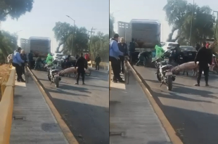 Camión involucrado en el incidente que liberó a los cerdos sobre el puente en Teoloyucan