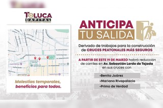 Las afectaciones viales se presentarán en los cruces de esta vialidad con las calles Benito Juárez, Mariano Rivapalacio y Primo de Verdad.
