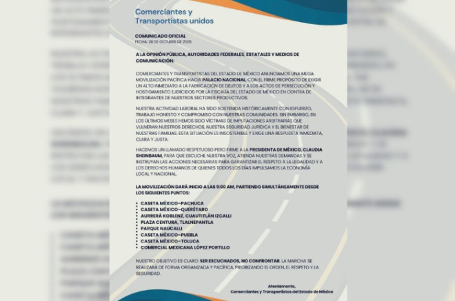 Convocatoria difundida por comerciantes y transportistas del Estado de México