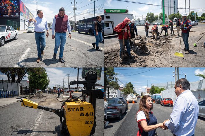 El alcalde Ricardo Moreno supervisa obras en la calle Fidel Velázquez; más de 8 mil baches han sido atendidos en el municipio.