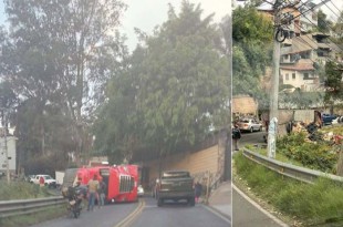 El accidente se debió al peso de la carga, lo que hizo que la unidad terminara recostada a un costado del camino.