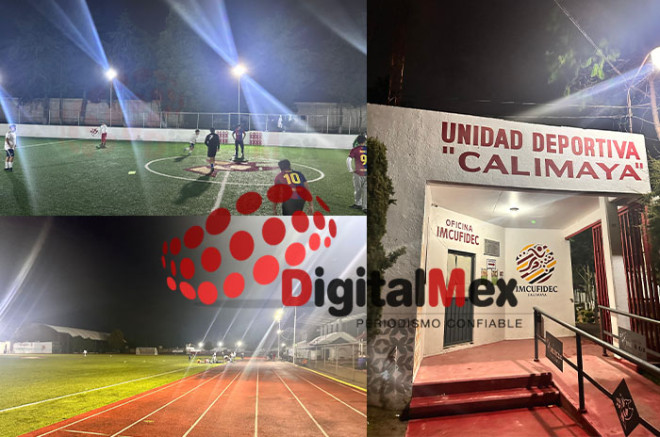 Canchas de fútbol y fachada de la Unidad deportiva de Calimaya.