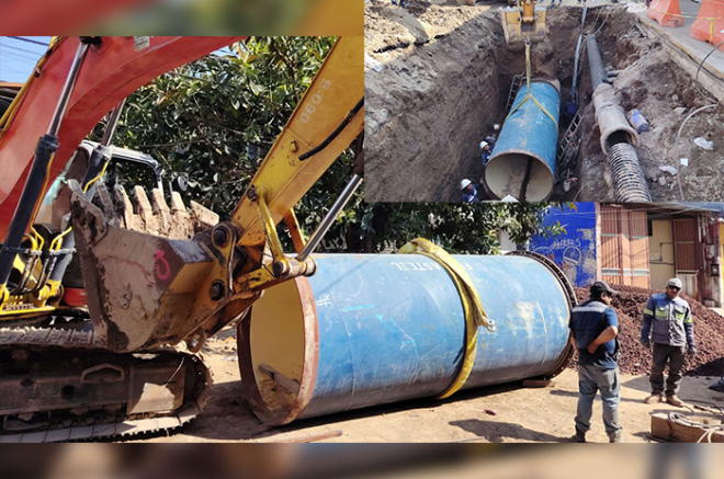 Trabajadores de la CAEM realizan excavaciones y colocación de silleta metálica en la línea del Macrocircuito del Sistema Cutzamala.